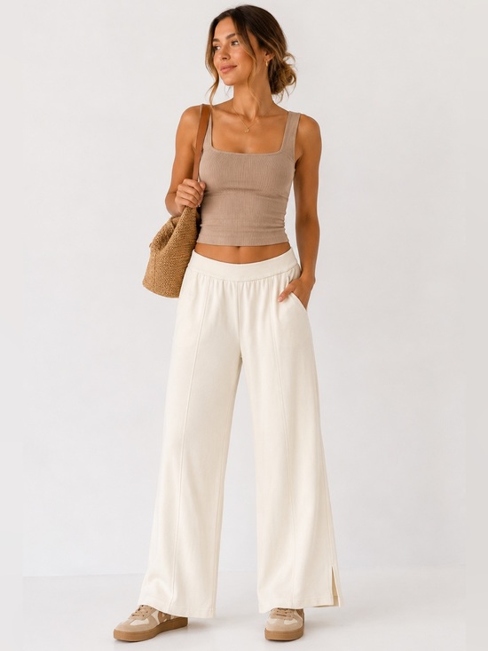 lululemon athletica Pants - Lululemon Cream Wide Leg Modal Blend Pants Size M Soft Stretch Lounge Travel